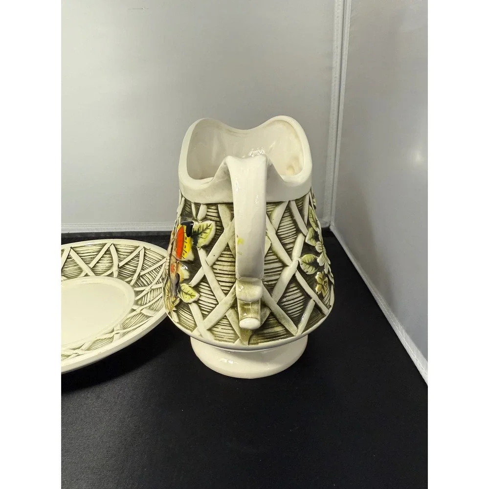 1970 Vintage Wales Ceramic Butterfly Flower‎ Pitcher Vase and Saucer Plate set